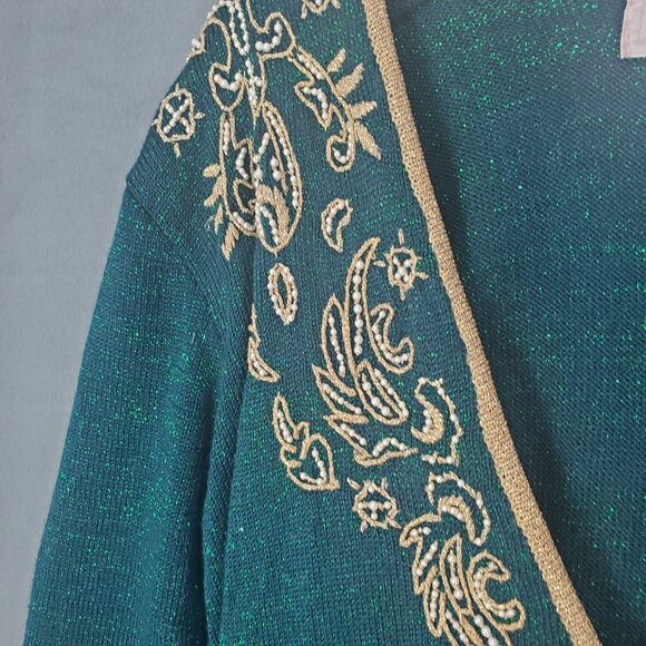 VINTAGE JACLYN SMITH Womens Cardigan Large Gold Green Sparkle Metallic Christmas - Picture 5 of 6